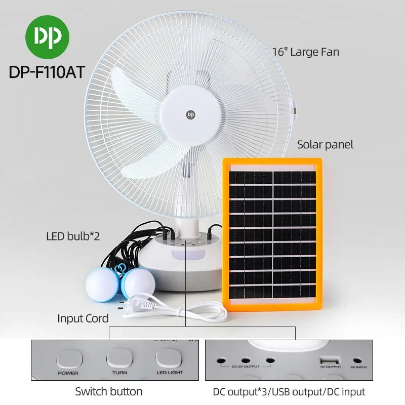 Inverter Fan DP-F110AT 16″ Solar Rechargeable Fan Kit. Solar Panel & 2 Bulbs Included